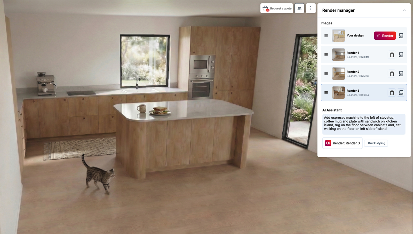 aino 3D editor with AI render manager open on a kitchen layout