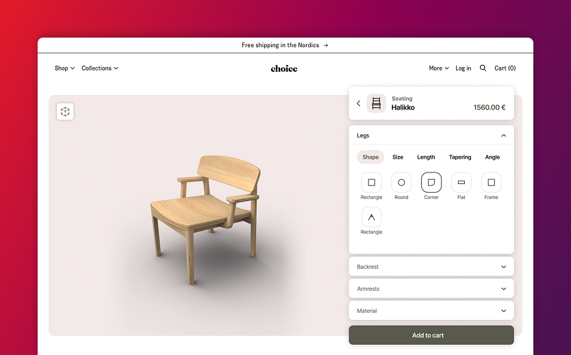 aino kitchen configurator embedded on a retail site, showing a chair model and material panel