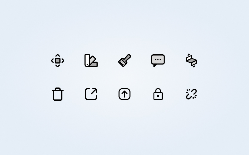 aino product icon system, ten line icons in a grid