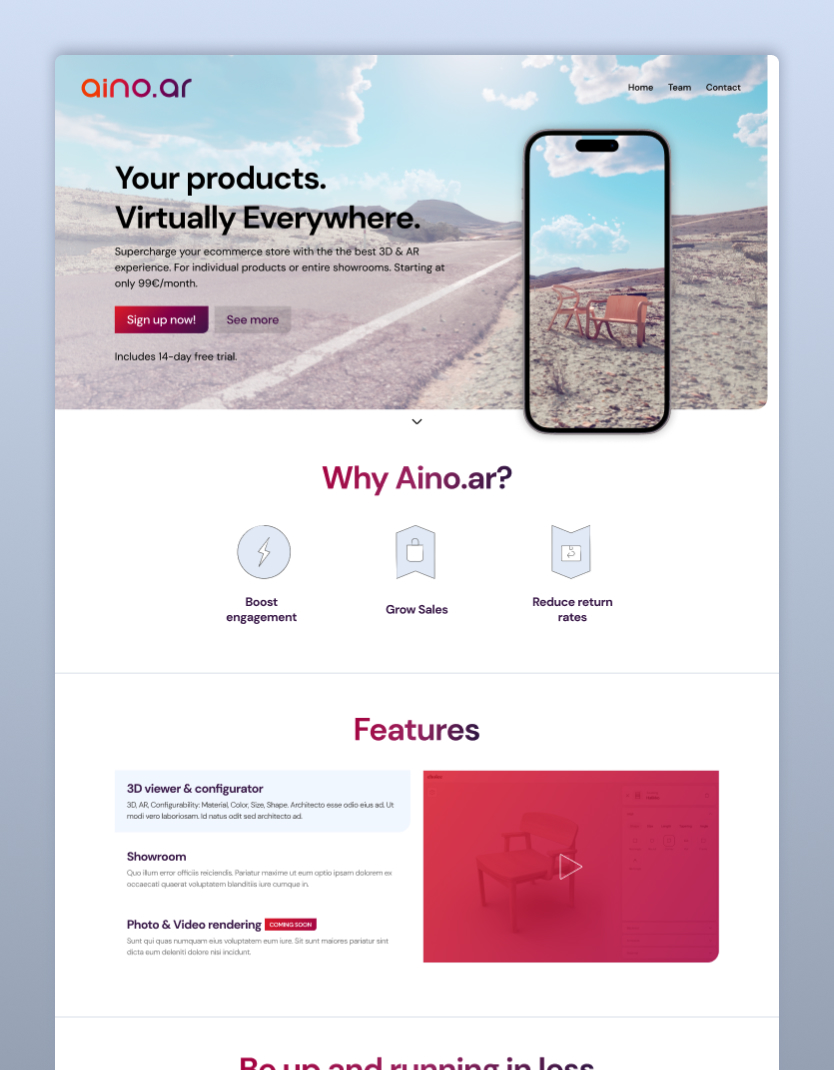 aino.ar marketing site landing page with phone mockup and feature blocks