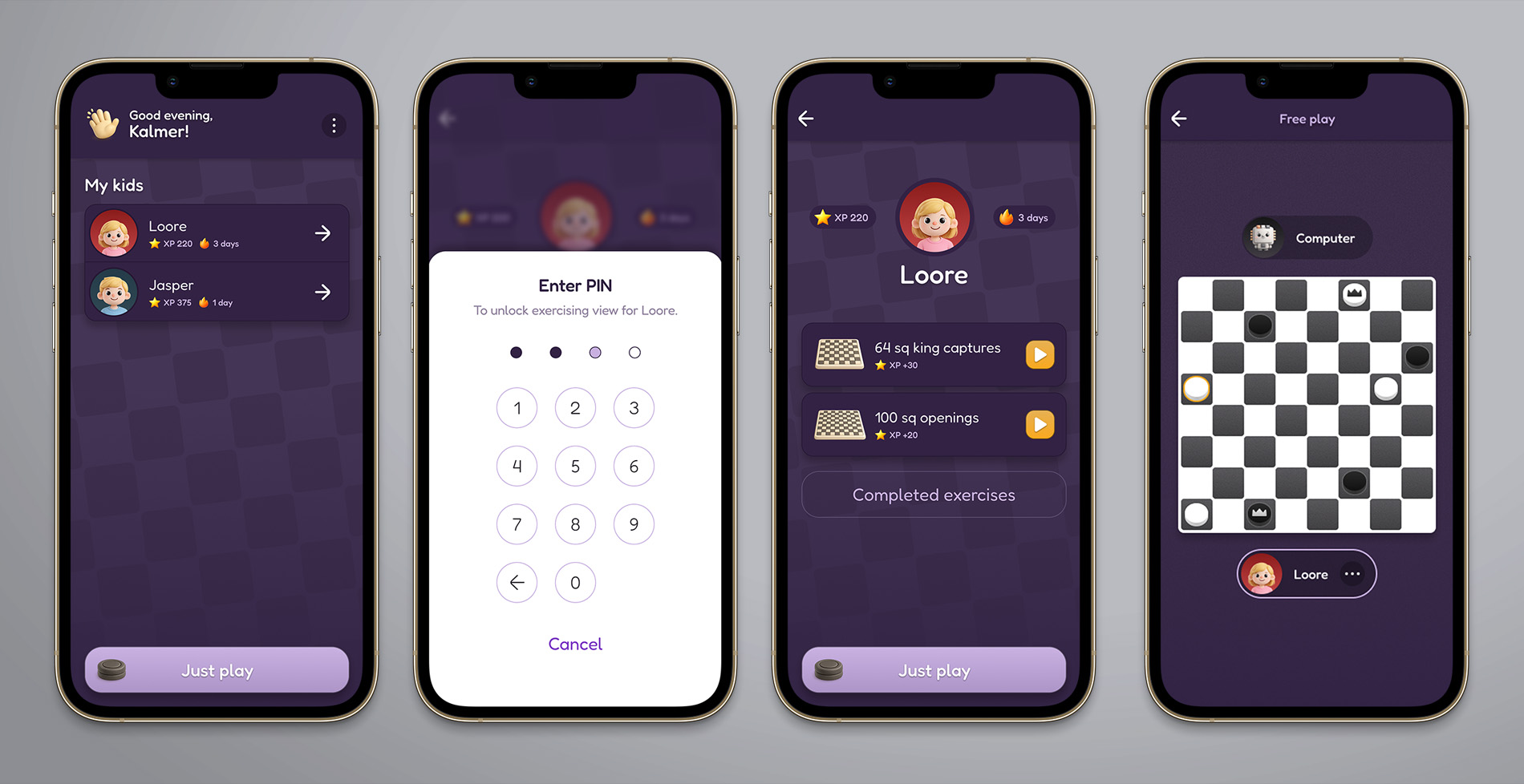 Four phone mockups showing parent and kid views of the checkers training app